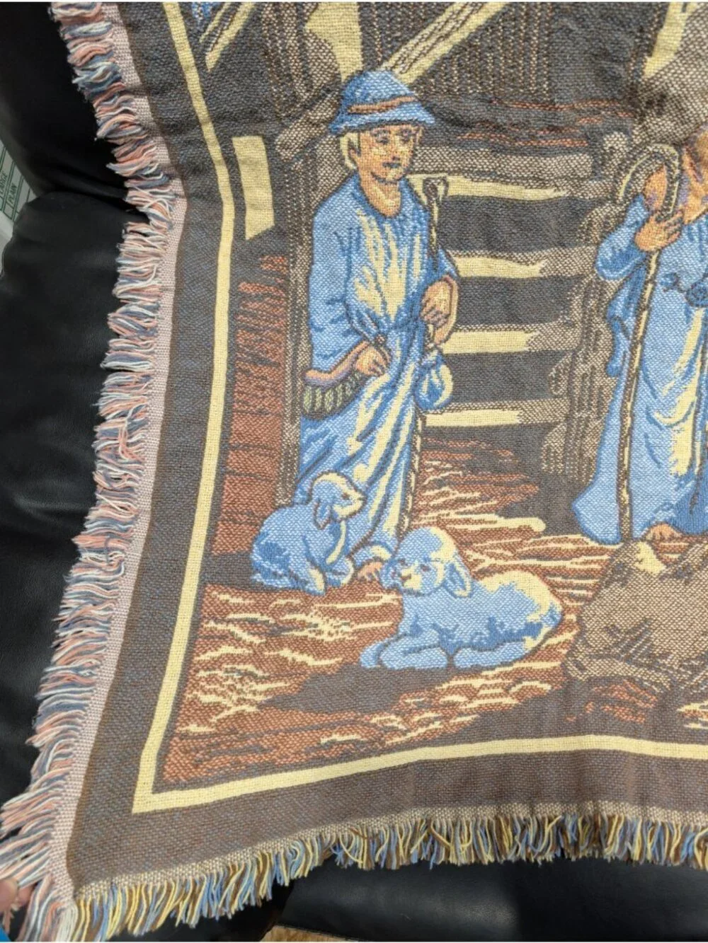 Goodwin Weavers Tapestry Throw Blanket Fringe Trim Nativity 46” X 55” Vintage